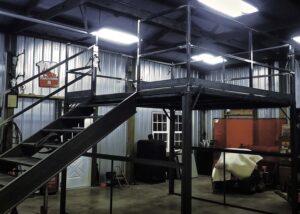 fabricated steel stairs and staging platform with safety railing